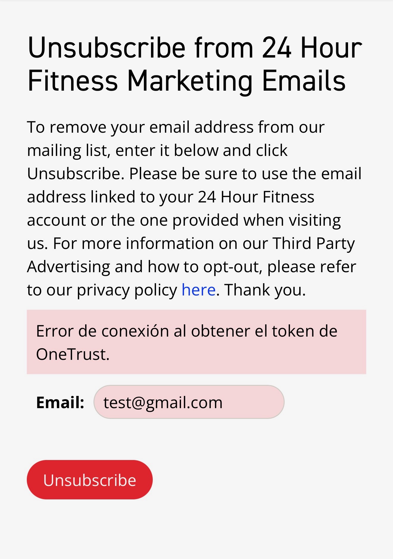 24 Hour Fitness unsubscribe page showing an error message in Spanish
